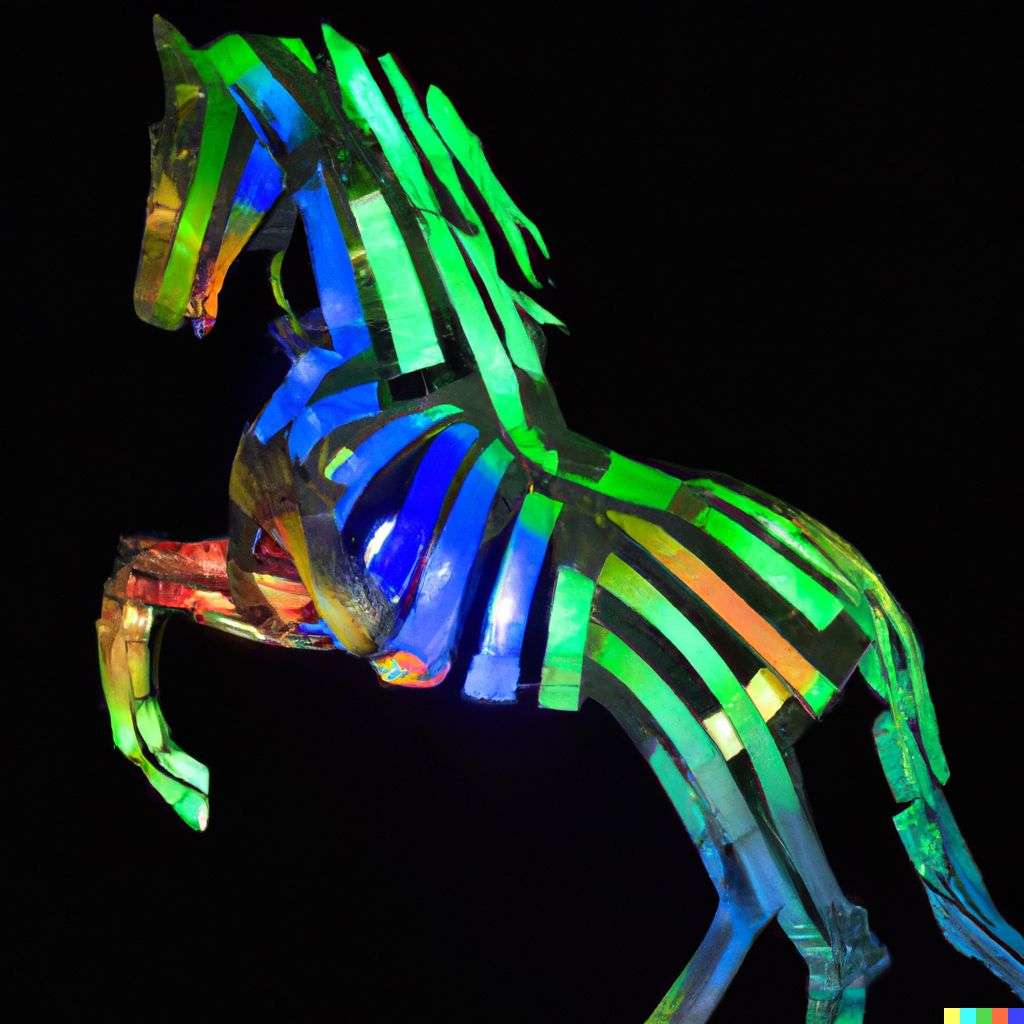 a horse, made from glowing multicolored luminescent sheets of metal, digital art